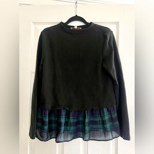 Women’s LOFT layered flounce mixed media sweatshirt - black + blue/green plaid